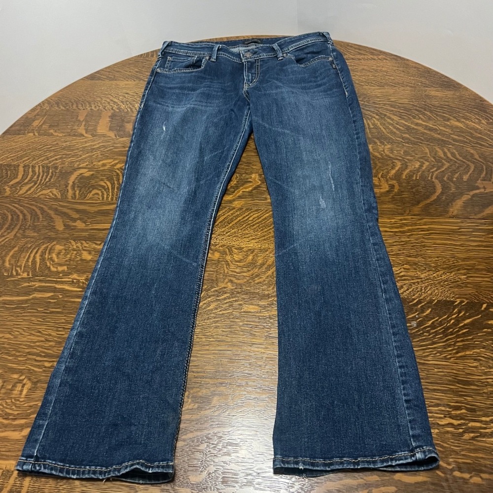 Silver Jeans Elyse Slim Boot Women 32/31 Blue Dark Wash Distressed L03601SSX406